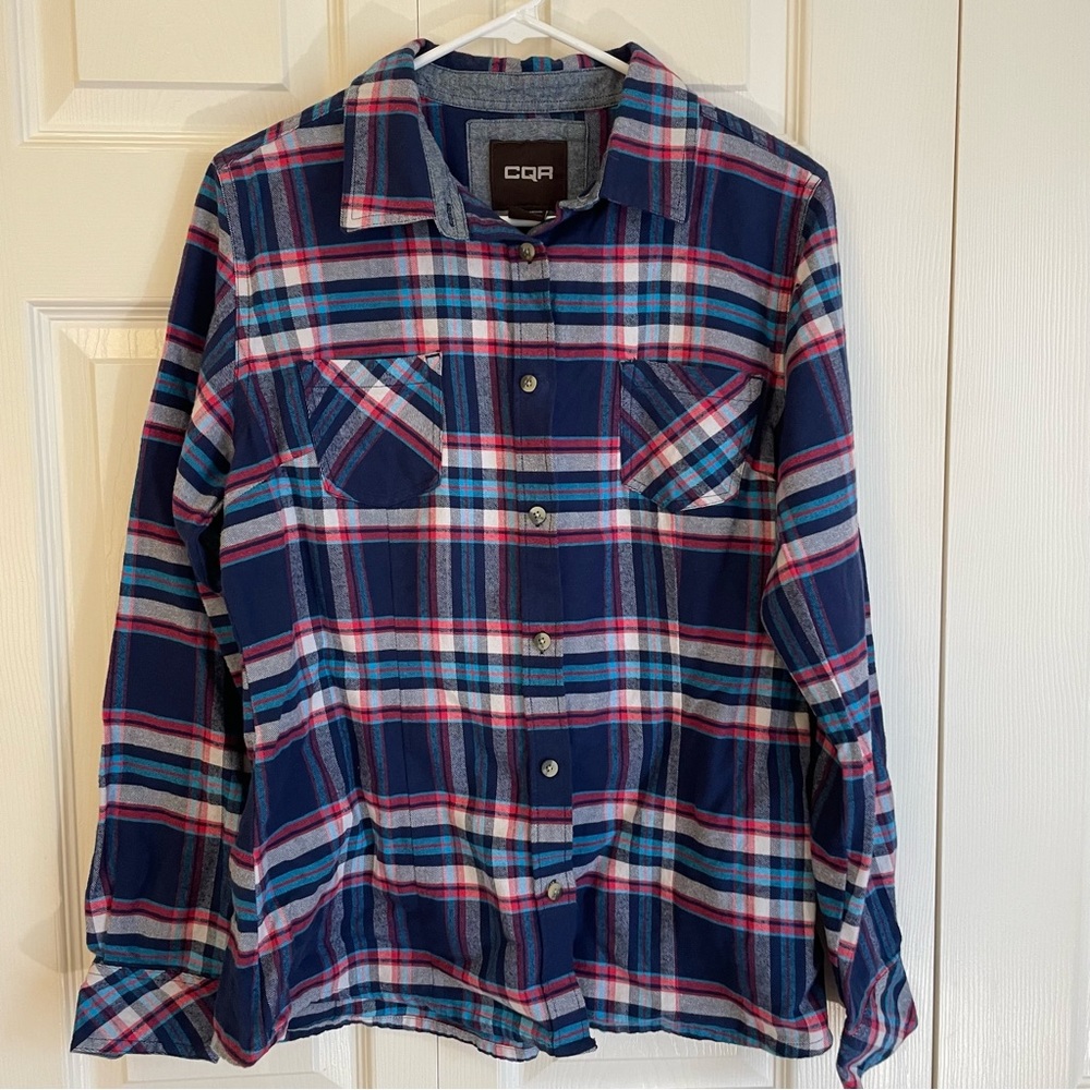 CQR Cozy Red White and Blue Flannel Long Sleeve Button Down